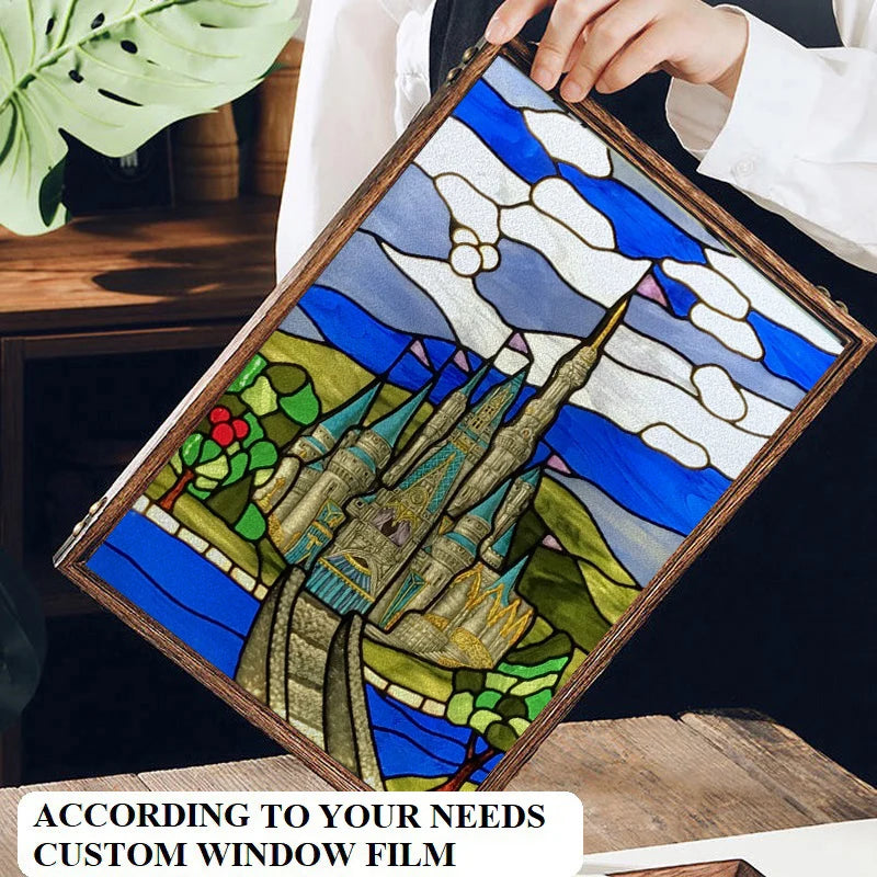 Custom size Stained Glass Films,Privacy Static Cling,Print Castle Lighthouse Sailboat Door Sticker,Office Home Decor