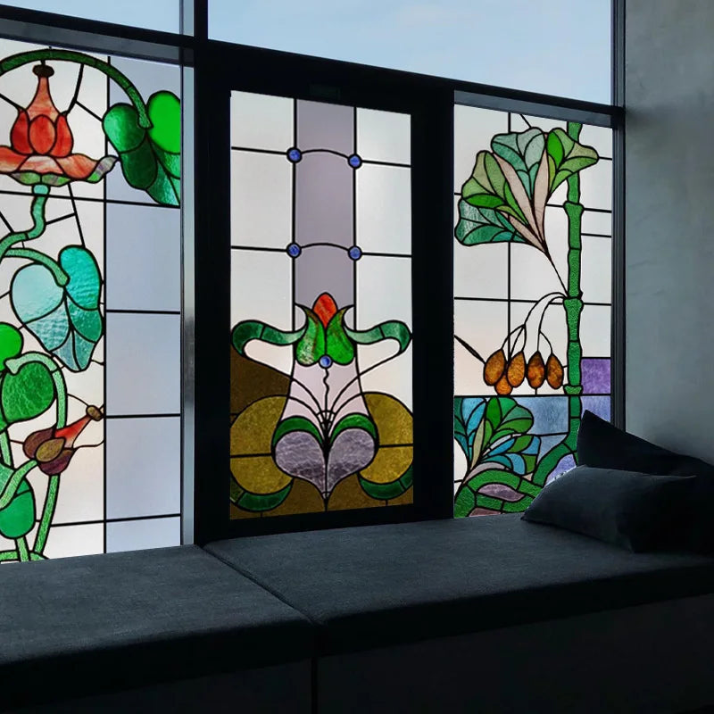 Window Film Stained Glass Films Frosted Static Cling  Privacy Glass Sticker Home Decor Retro Flower custom size