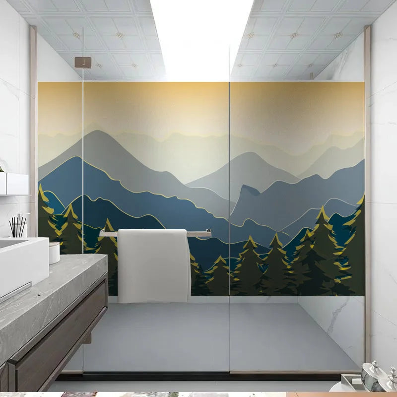 Stained Glass Wndow Films,Frosted Glass Sticker,Static Cling,for Bathroom Kiechen Door Office Home Decor Custom size Mountain