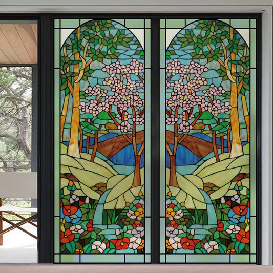 Custom Size Stained Glass Window Film Frosted Privacy Static Cling Tree Tiffany Style Stickers Shower Kitchen Office Home Decor