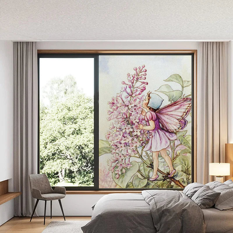 Custom Size Stained Glass Window Film, Flower Tree, Fairy Stickers, Static Cling, Kitchen, Bathroom, Bedroom, Door, Home Decor