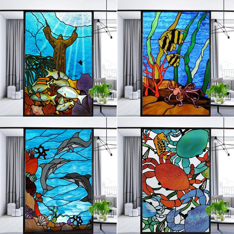 Custom Size Glass Window Film Static Cling Frosted Glass Films Stickers For Wardrobe Bathroom Kitchen Door Fish Dolphin Poster