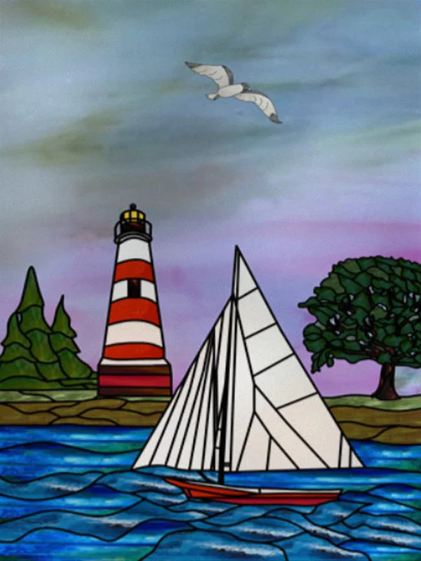 Custom Size Stained Glass Films,Privacy Static Cling,Print Castle, Lighthouse Tower, Sailboat Door Sticker,Office, Home Decor