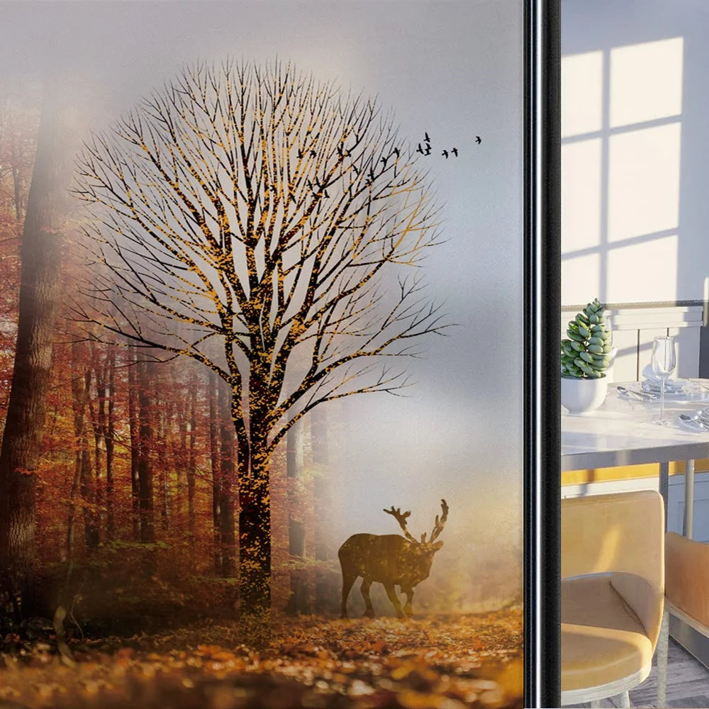 Custom Size Stained Glass Window Film,Frosted Privacy, Static Cling, Door Sticker,Bathroom, Home Decor, Tree, Mountain