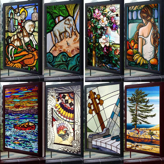 Custom Size Window Film Stained Glass Stickers Static Cling Frosted Privacy Vintage Picture For Window Door Home Decor
