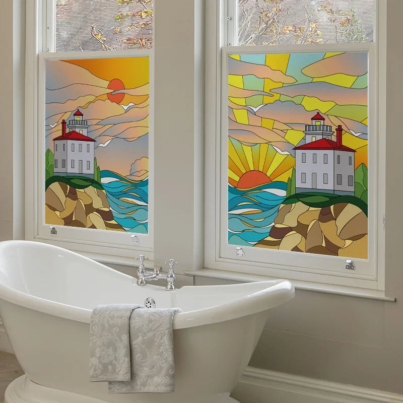 Custom size Stained Glass Films,Privacy Static Cling,Print Sea Red Lighthouse,Rising Sun, Night,Door Sticker,Office Home Decor