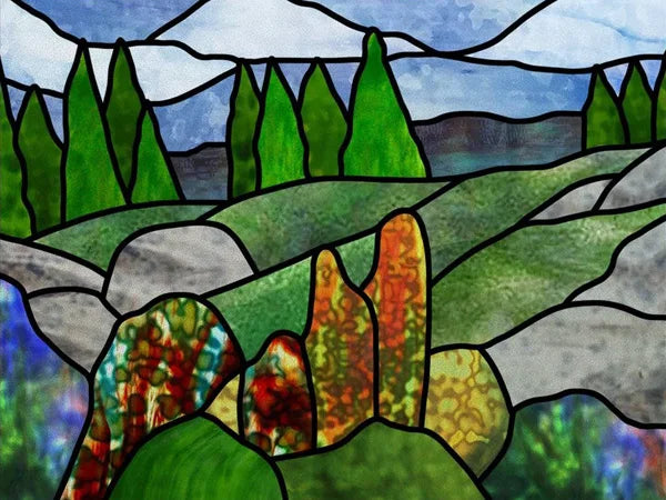 Landscape Painting Stained Glass Films, Transom Windows Film, Opaque Sticker, Self Adhesive, Static Cling, Custom Size