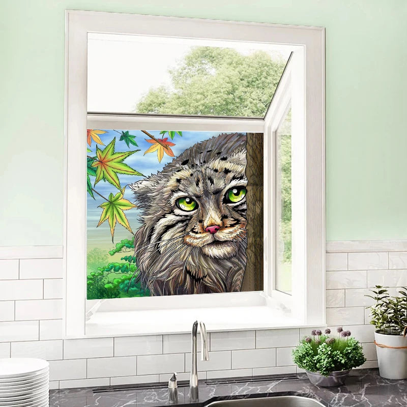 Custom Size Stained Glass Window Film Frosted Films, Animal Dog Cat Tiger Birds Static Cling,Window Covering for Home Office