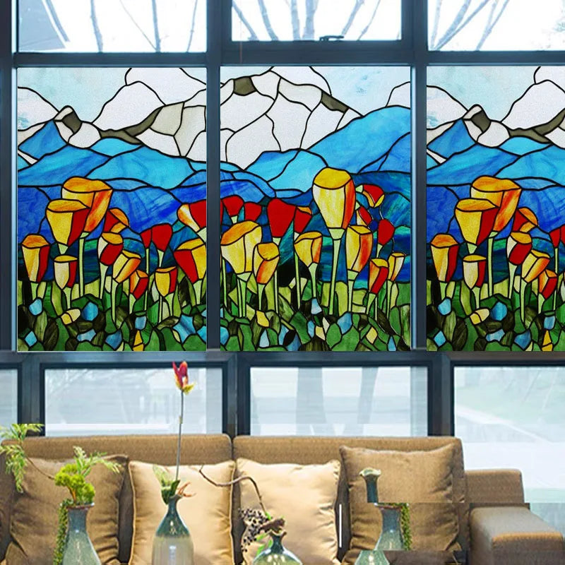 Landscape Painting Stained Glass Films, Transom Windows Film, Opaque Sticker, Self Adhesive, Static Cling, Custom Size