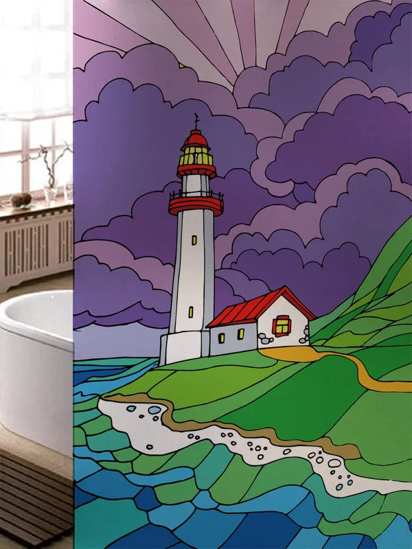 Stained Glass Window Film, Frosted Glass Sticker, Custom Size Castle Cartoon Pattern for Kids Room Door, Poster, Home Decor