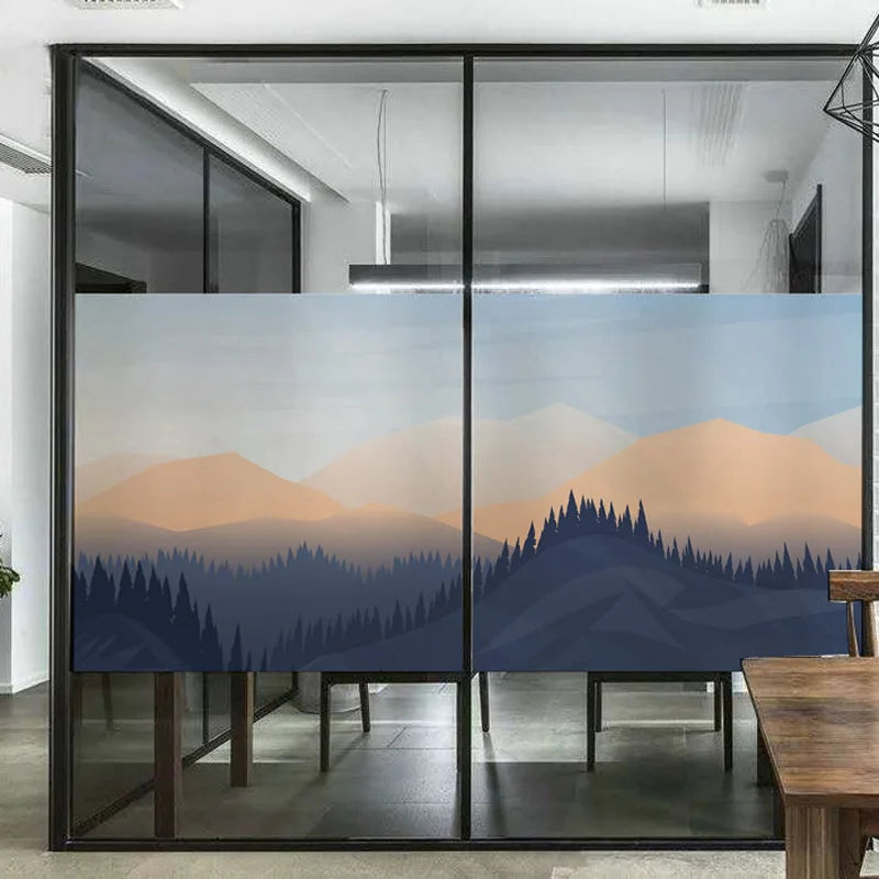 Stained Glass Wndow Films,Frosted Glass Sticker,Static Cling,for Bathroom Kiechen Door Office Home Decor Custom size Mountain