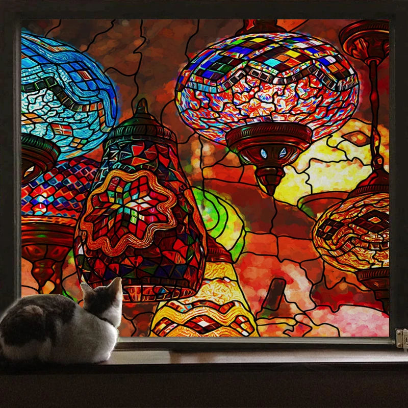 Custom size Stained Glass Wndow Film,Satic Cling Window Films,Decor Foil Stickers Window Treatment For Square Glass Hot air ball