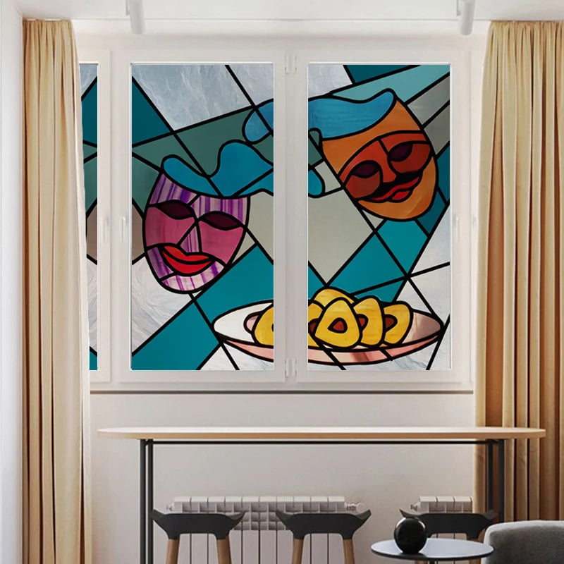 Custom Size Window Film, Stained Glass Films, Square Window Sticker, Retro Church Frosted Static Cling, Door Glass Home Decor