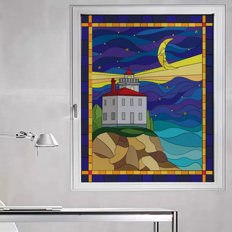 Custom size Stained Glass Films,Privacy Static Cling,Print Sea Red Lighthouse,Rising Sun, Night,Door Sticker,Office Home Decor