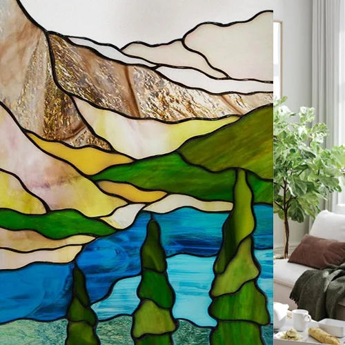 Custom size Glass Films,Stained Glass Stickers Static Cling,Frosted Privacy Print Tree,Rivers,Hill For Window Door Home Decor