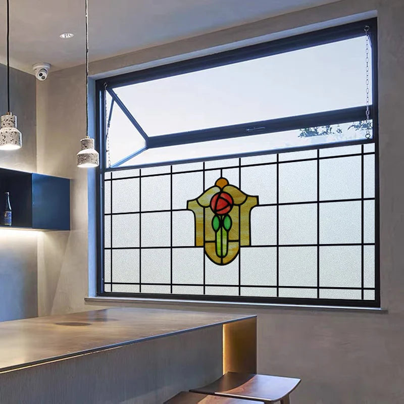 Custom Size Window Film, Stained Glass, Decorative Retro Window Sticker, Privacy Frosted Static Cling, Home Decal