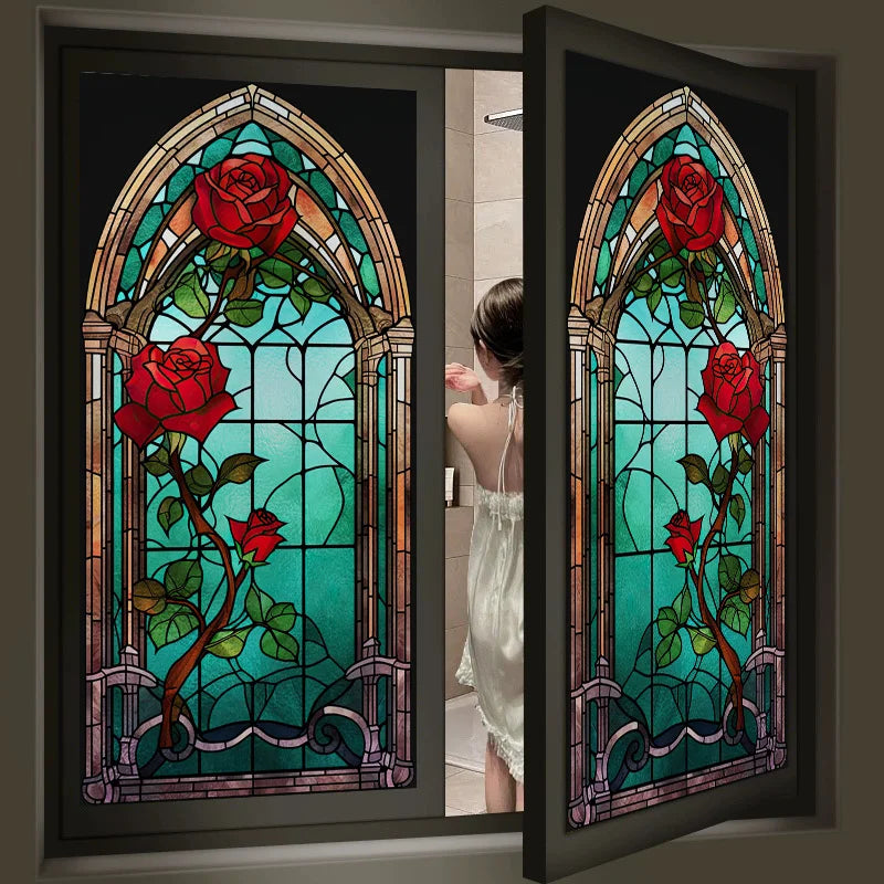Rose Stained Glass Window Film, Frosted Window Film, ,Privacy,No Glue, Static Cling, Home Decorative