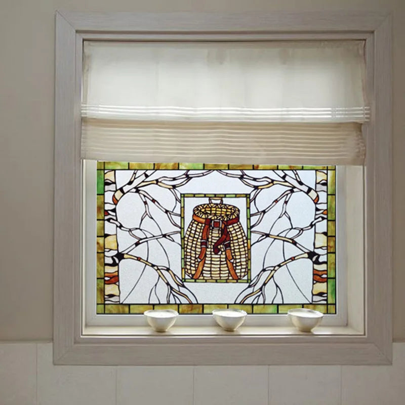 Window Film Stained Glass Stickers,Custom size Static Cling Frosted Privacy,Bird Tree Print For Transom Window Glass Home Decor