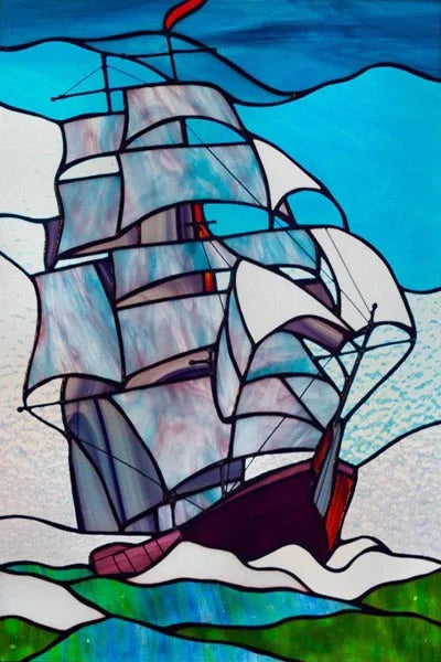 Custom Size Stained Glass Window Film, Retro Painted Frosted Static Cling, Vintage Glass Films Sticker, Lighthouse Sailboat