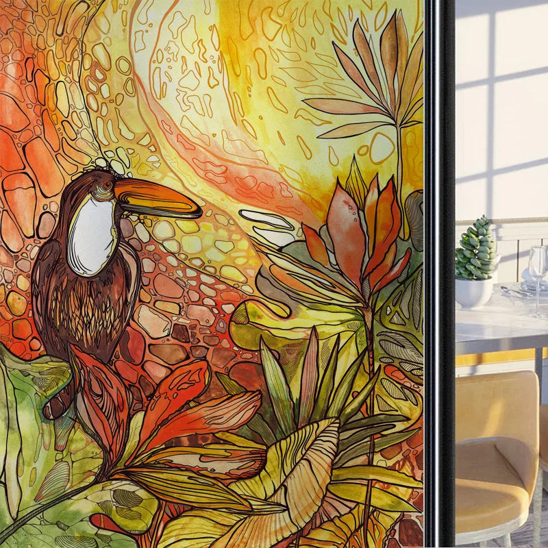 Frosted Stained Glass Window Film, Customized Art Deco Design, Birds Static Cling Sticker,Home Decor Foil, Treatment