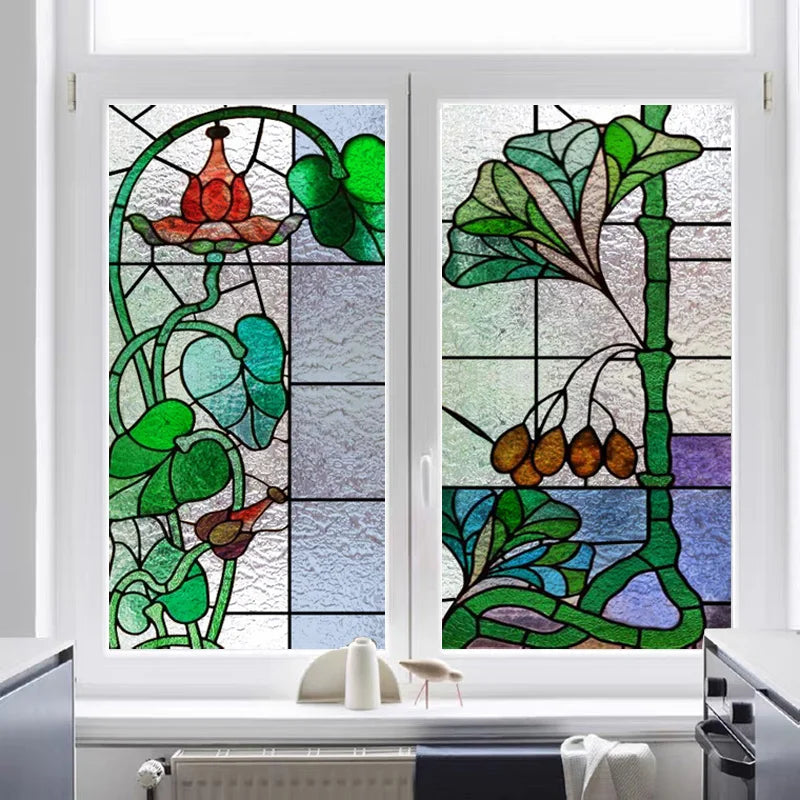 Window Film Stained Glass Films Frosted Static Cling  Privacy Glass Sticker Home Decor Retro Flower custom size