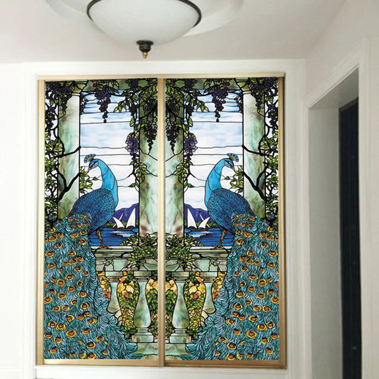 Custom Size Color Printing Window Stained Glass Film, Static Cling, Frosted Privacy,Retro Peacock for Kitchen Door, Home Decor