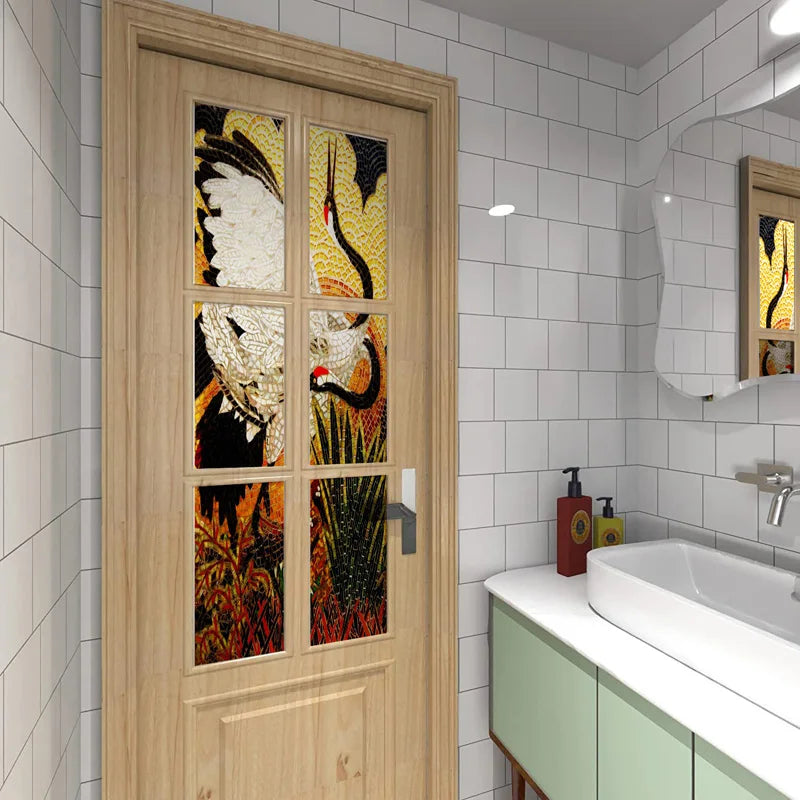 Customized Size No Glue Static Cling Frosted Stained Glass Window Films for Bathroom Door Home Decor Print Mosaic Night Moon