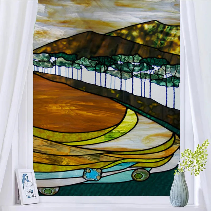 Window Film Frosted Stained Glass Films Customized Art Tree Retrom Static Cling Sticker,Home Decor Window Treatment