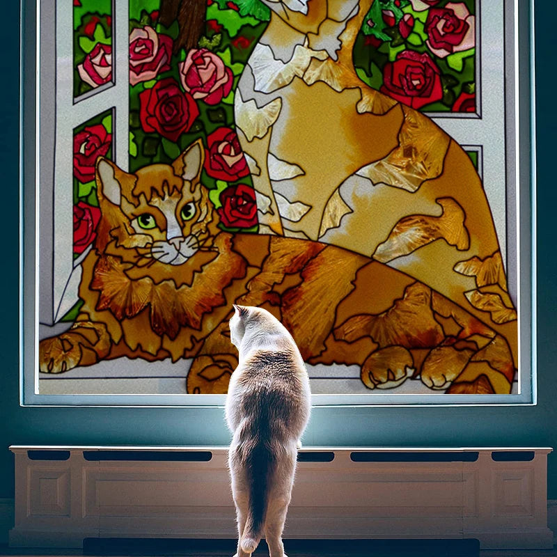 Stained Glass Window Film, Custom Size, Static Cling, Frosted,Cat, Bird, Rabbit Print, Door, Home Decor