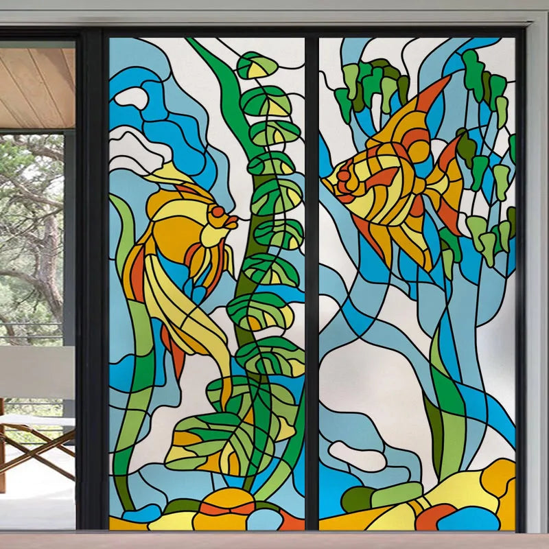Custom size Stained Glass Films,Flower, Fruit,Tree,Leaf,Bird,Fish Painting Stickers For Bathroom Bedroom Door Office Home Decor