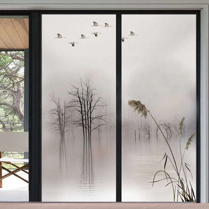 Custom Size Stained Glass Window Film,Frosted Privacy, Static Cling, Door Sticker,Bathroom, Home Decor, Tree, Mountain