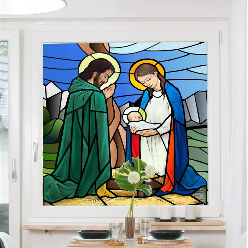 Custom Frosted Stained Glass Window Film,PVC Static Cling Films,Virgin Mary, Jesus Church Decor, Foil Stickers