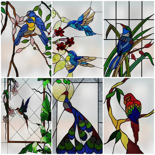 Custom Size Stained Glass Window Film, Bird Hummingbird Parrot Color Printing Picture for Rectangular Shape Glass, Home Decor