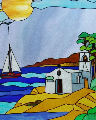 Frosted Stained Glass Window Film, Static Cling, Retro Door Sticker,Kitchen, Office, Home Decor, Customized,Sailboat
