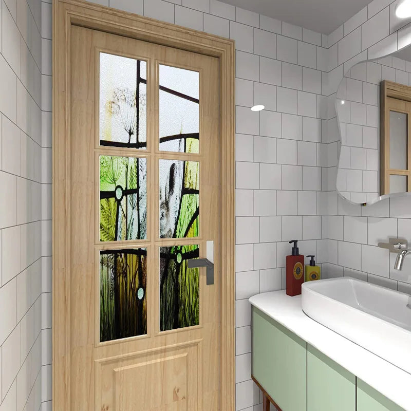 Custom Size Stained Glass Window Film Animal Pattern Rabbit Crow  Bird Fox For Rectangular Shape Glass Office Home Decor