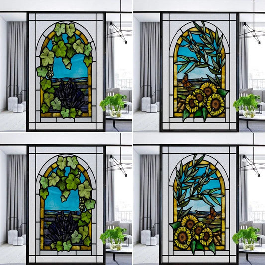 Stained Glass Window Film Frosted Glass Sticker Forest Customized Privacy Static Cling,Retro Vintage  Style Sticker,Home Decor