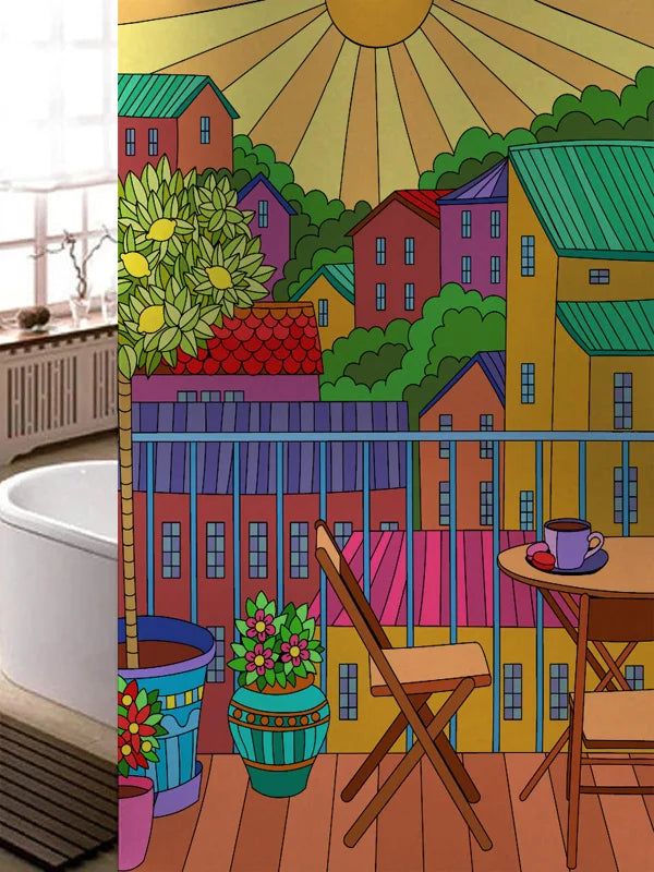 Stained Glass Window Film, Frosted Glass Sticker, Custom Size Castle Cartoon Pattern for Kids Room Door, Poster, Home Decor