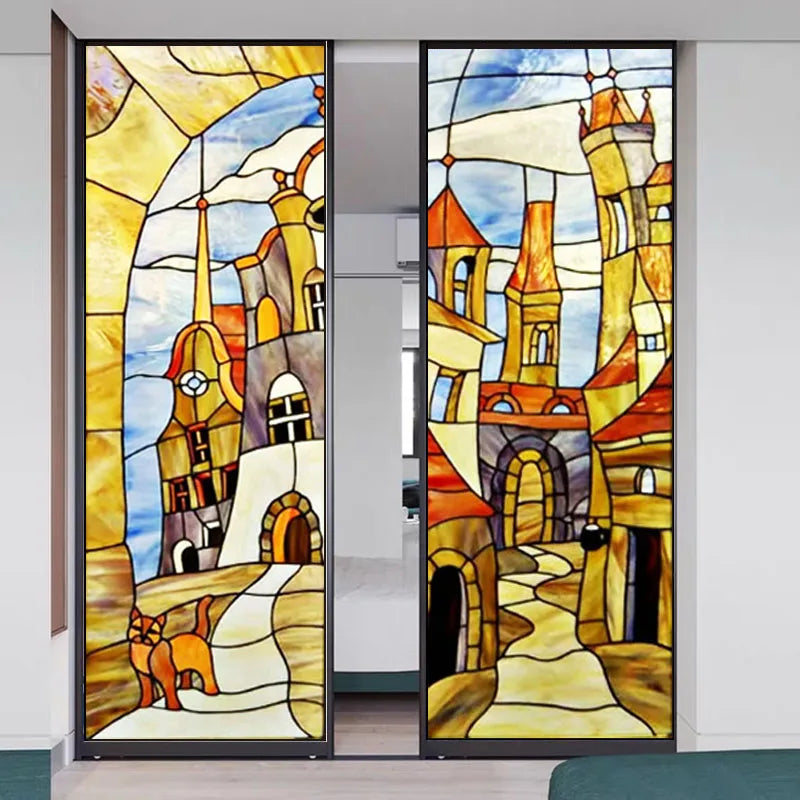 Customized Stained Glass Film Window Films,Static Cling Frosted Privacy,Bathroom Kitchen Cupboard Door Sticker,Castle