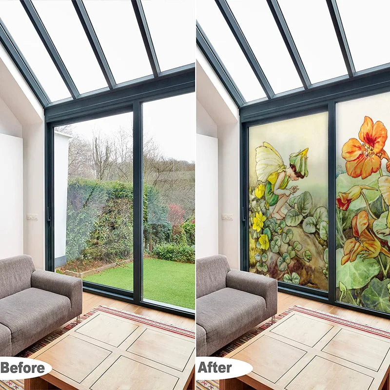 Custom Size Stained Glass Window Film, Flower Fairy Stickers, Static Cling for Kitchen, Bathroom, Bedroom, Door, Home Decor