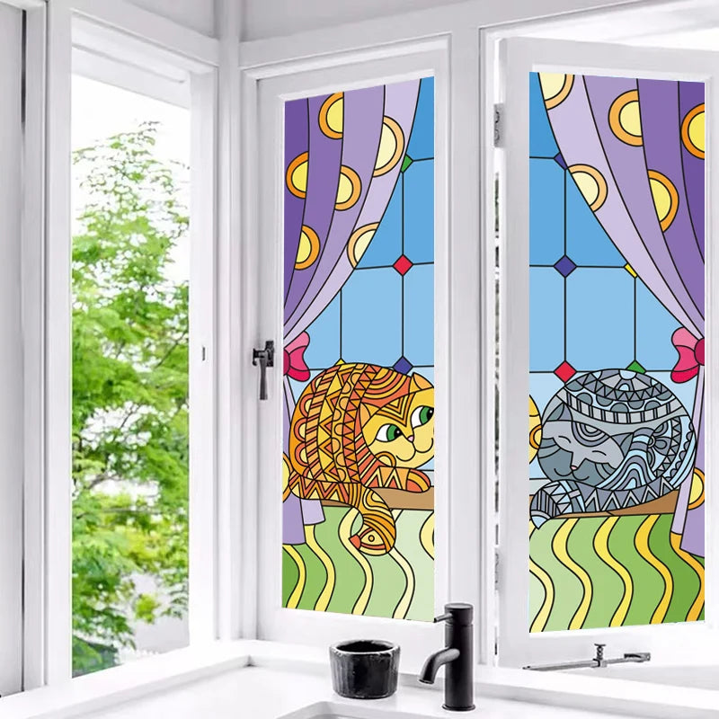 Customized Stained Glass Film Window Films Static Cling Frosted Sticker Japanese-Style Home Decor Cat  Cherry Blossom Poster