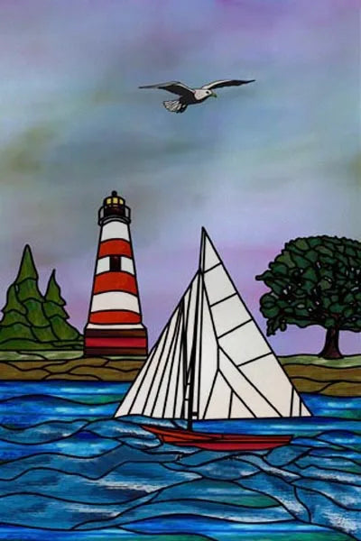 Custom Size Stained Glass Window Film, Retro Painted Frosted Static Cling, Vintage Glass Films Sticker, Lighthouse Sailboat