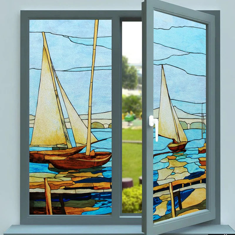 Frosted Stained Glass Window Film, Static Cling, Retro Door Sticker,Kitchen, Office, Home Decor, Customized,Sailboat