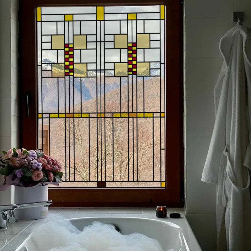 Stained Glass Window Film Transparent Glass Sticker Static Cling Prairie Scottish Style Office Door Anticollision Home Decor