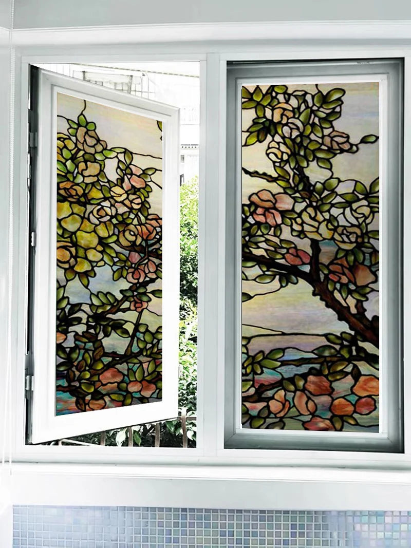 Window Film Frosted Stained Glass Films,Customized Privacy Static Cling,Retro Colorful Stickers Home Decor Bathroom Skylight