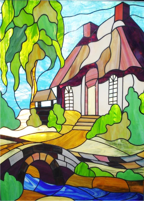 Window Film Stained Glass Stickers,Custom size Static Cling,Print Castle Church landscape Sailboat Sticker,Office Home Decor