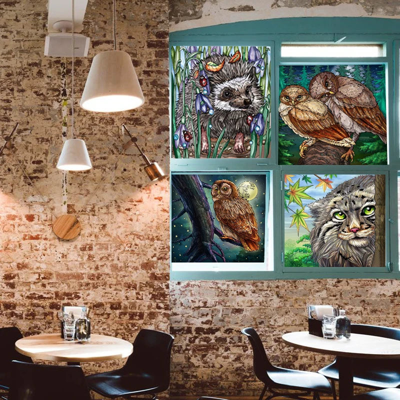 Custom Size Stained Glass Window Film Frosted Films, Animal Dog Cat Tiger Birds Static Cling,Window Covering for Home Office