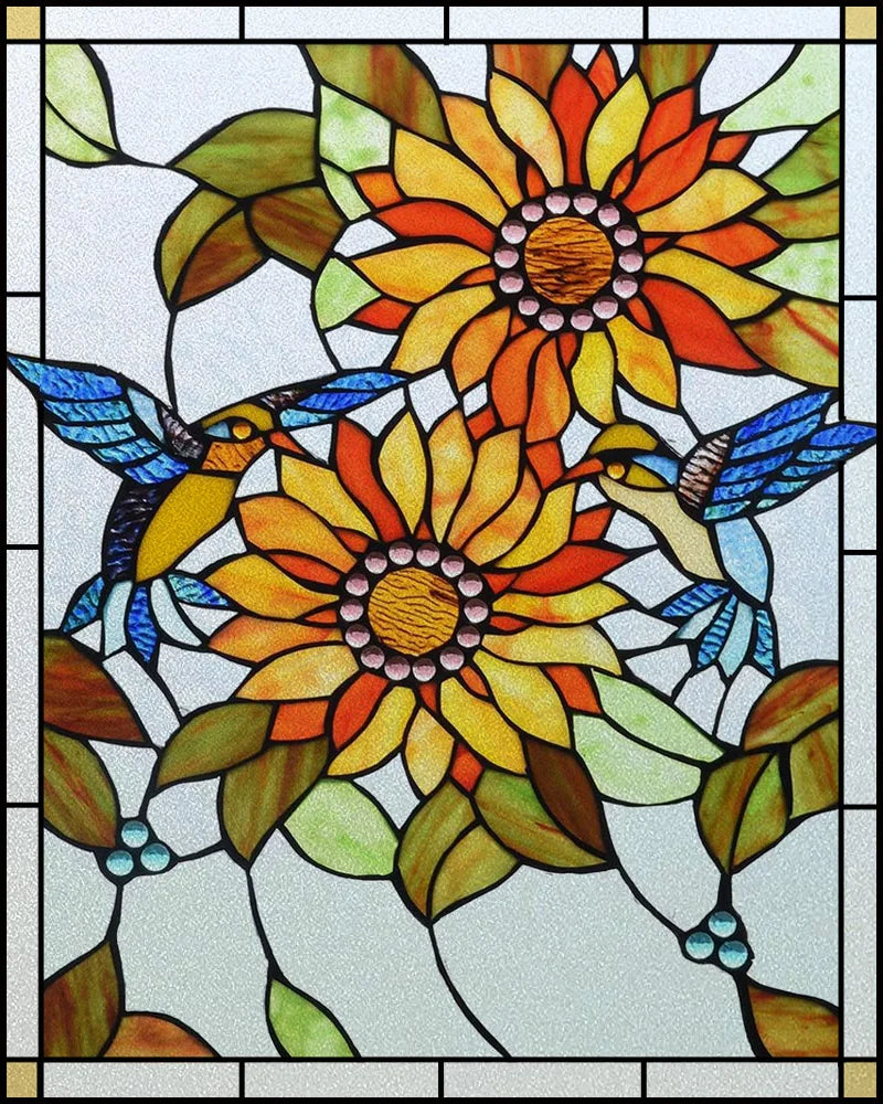 Customized Frosted Stained Glass Window Film,  SunFlower, Hummingbird, Static Cling Sticker,Home Decor, Treatment