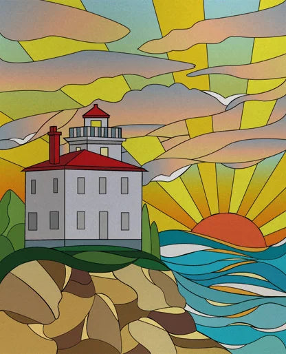 Custom size Stained Glass Films,Privacy Static Cling,Print Sea Red Lighthouse,Rising Sun, Night,Door Sticker,Office Home Decor