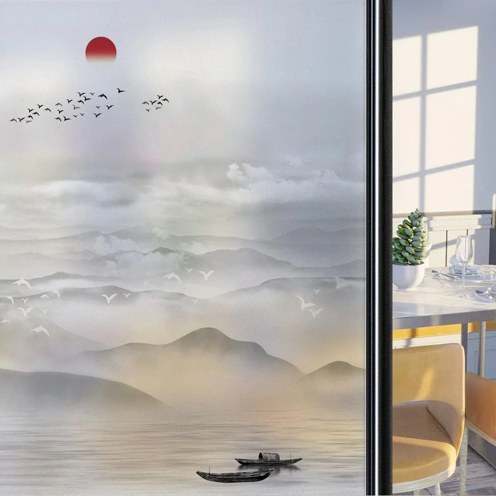 Custom Size Stained Glass Window Film,Frosted Privacy, Static Cling, Door Sticker,Bathroom, Home Decor, Tree, Mountain