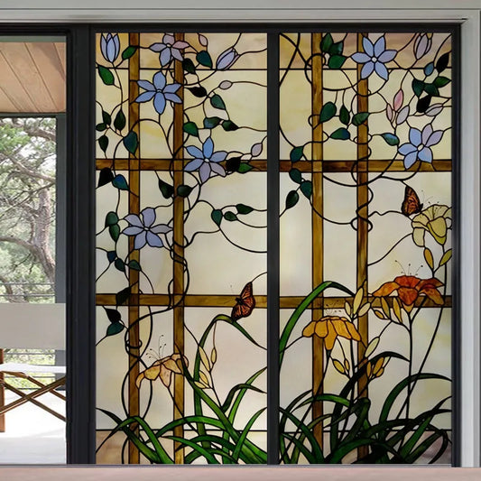 Custom Size Stained Glass Vintage Window Film Frosted Privacy Static Cling Retro Style Stickers Flower for Kitchen Home Decor